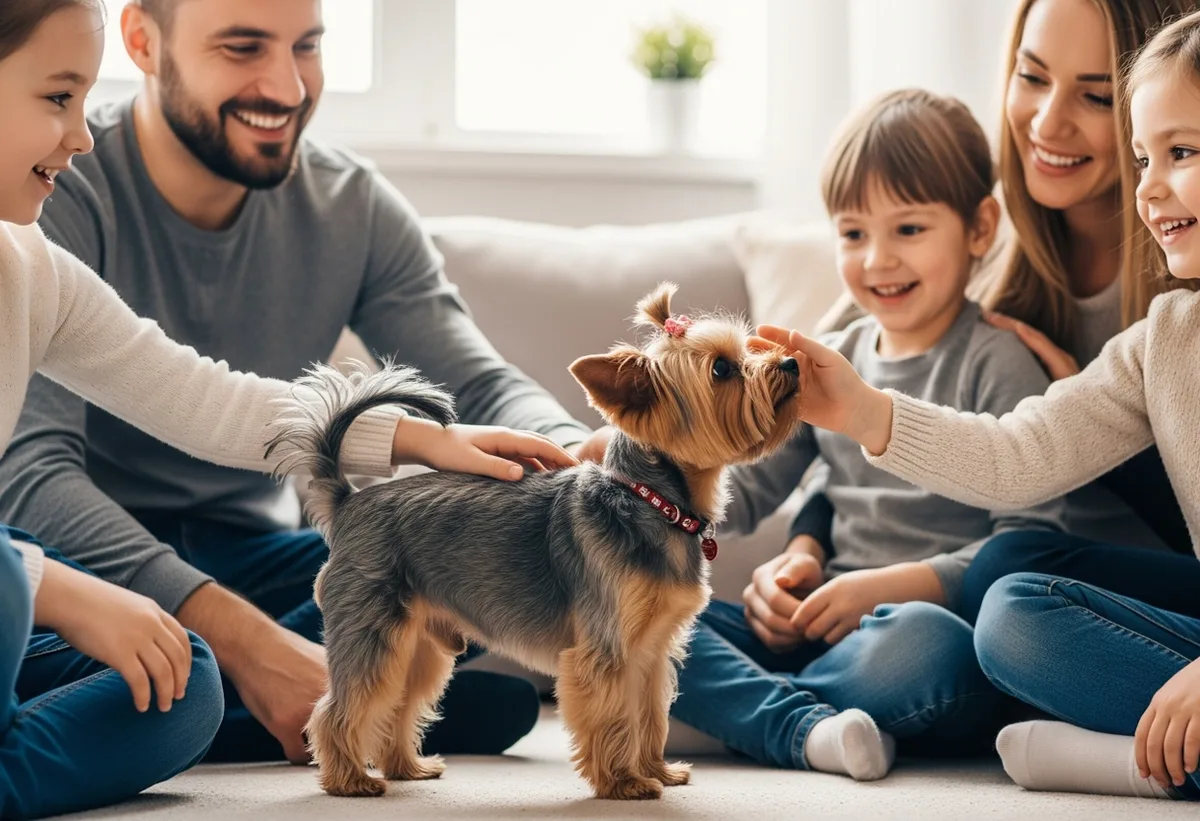 Charming Yorkshire Terrier sitting comfortably indoors
