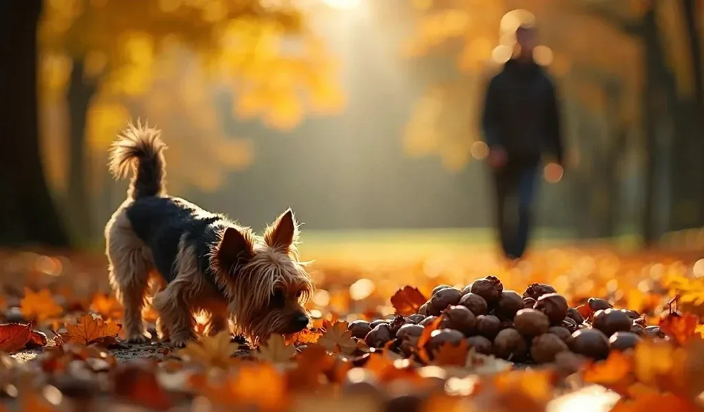 Small dog walking safely through autumn foliage
